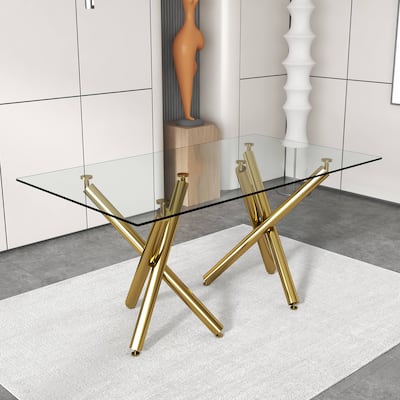 Large Modern Minimalist Rectangular Glass Dining Table for 6-8 with 0.39"Tempered Glass Tabletop and Golden Metal Legs
