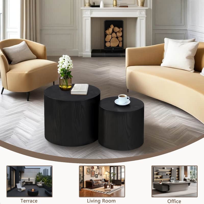 Nesting Coffee Table Set of 2, Modern Round Wooden Side Tables with Non-Slip Feet, Space-Saving Living Room Accent Tables
