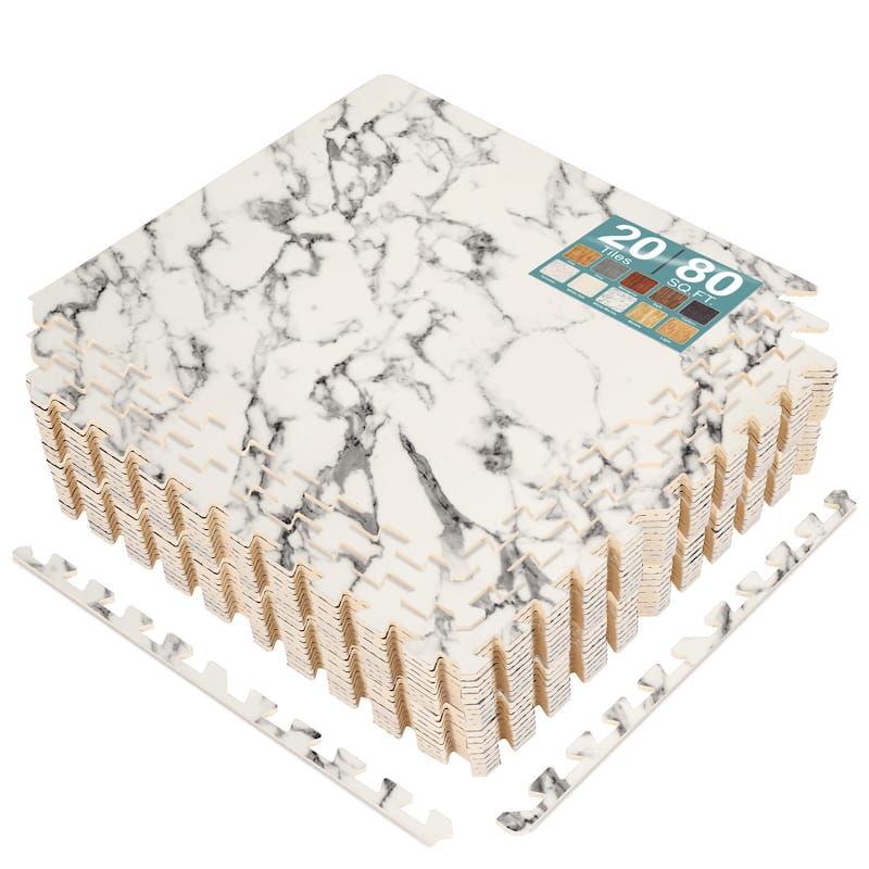 Sorbus 80 Sq. Ft. Wood Grain Floor Tiles Foam Mat EVA Interlocking Mats Tile 3/8-Inch Thick Flooring Wood Puzzle Exercise Mats - Marble White