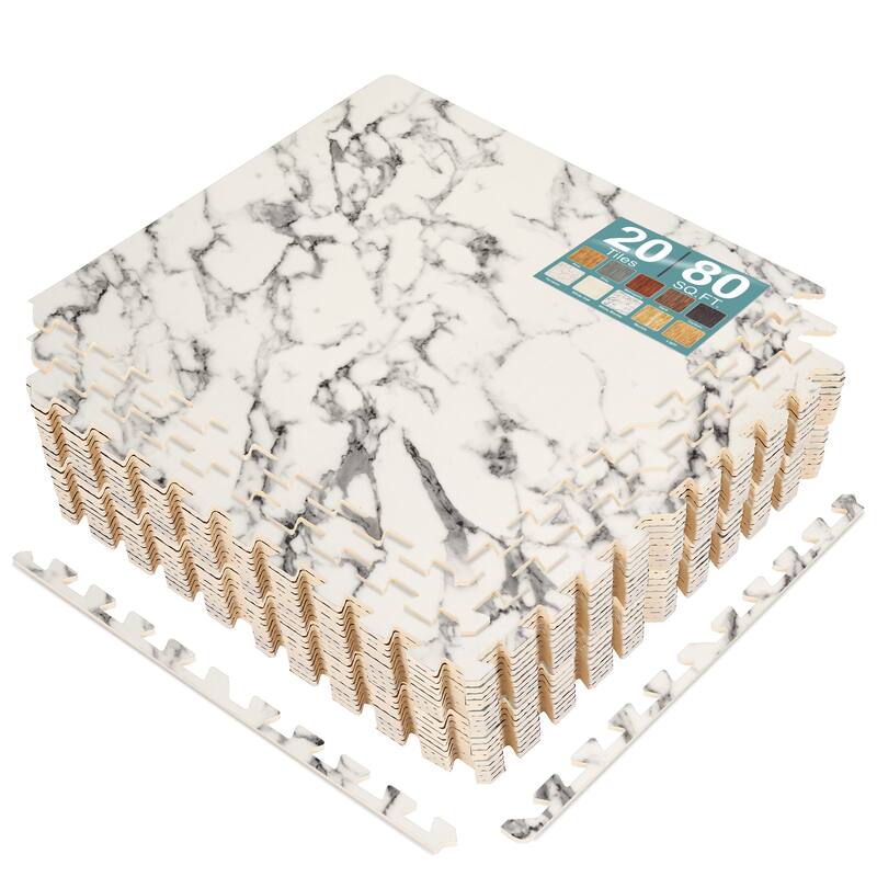 Sorbus 80 Sq. Ft. Wood Grain Floor Tiles Foam Mat EVA Interlocking Mats Tile 3/8-Inch Thick Flooring Wood Puzzle Exercise Mats - Marble White