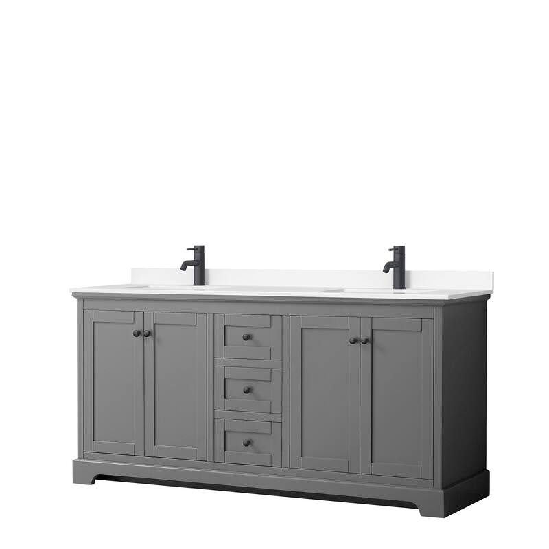 Avery 72 Inch Double Vanity, Cultured Marble Top - Dark Gray, Black Trim, White Cultured Marble Top