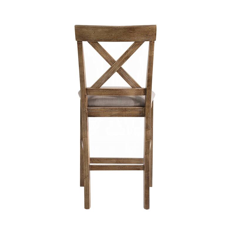 Set of 2 Linen Upholstered Counter Height Chairs, Tan and Weathered Oak