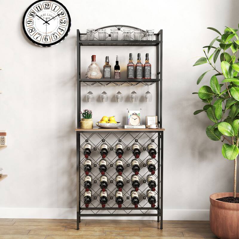 Wine Rack Bar Table with Glass Rack, Freestanding Wine Rack Display Rack for Home Bar, Wine Bottle Rack for Kitchen