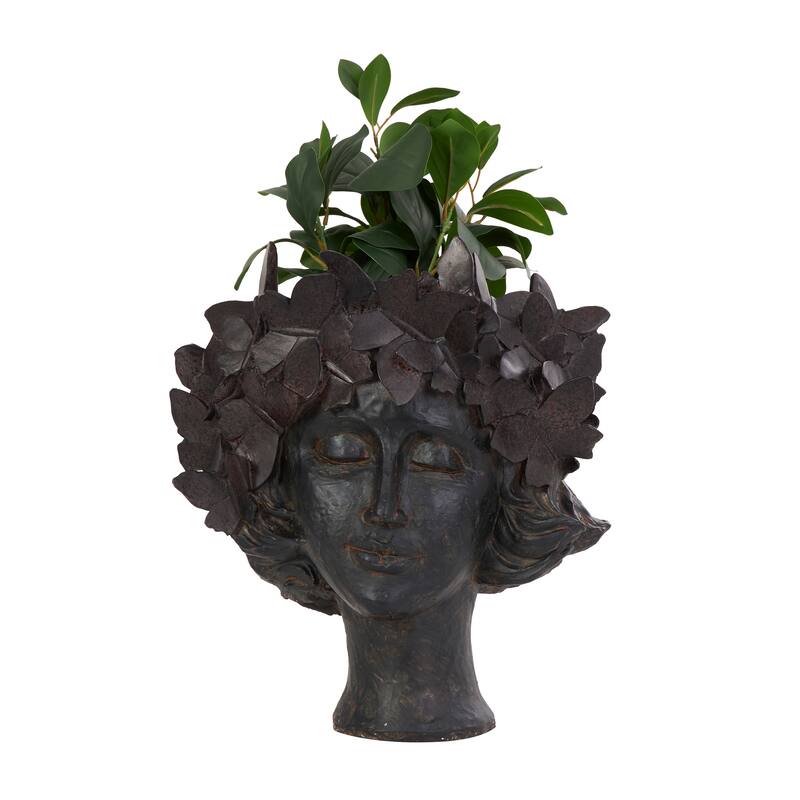 Bronze Resin Head Woman Indoor Outdoor Planter with Wide Opening and Butterfly Accents
