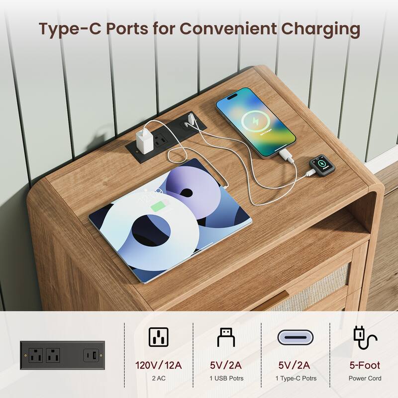 22.8" Rattan Nightstand with Charging Station, 2 Drawers & Open Shelf, Curved Modern Bedside Table