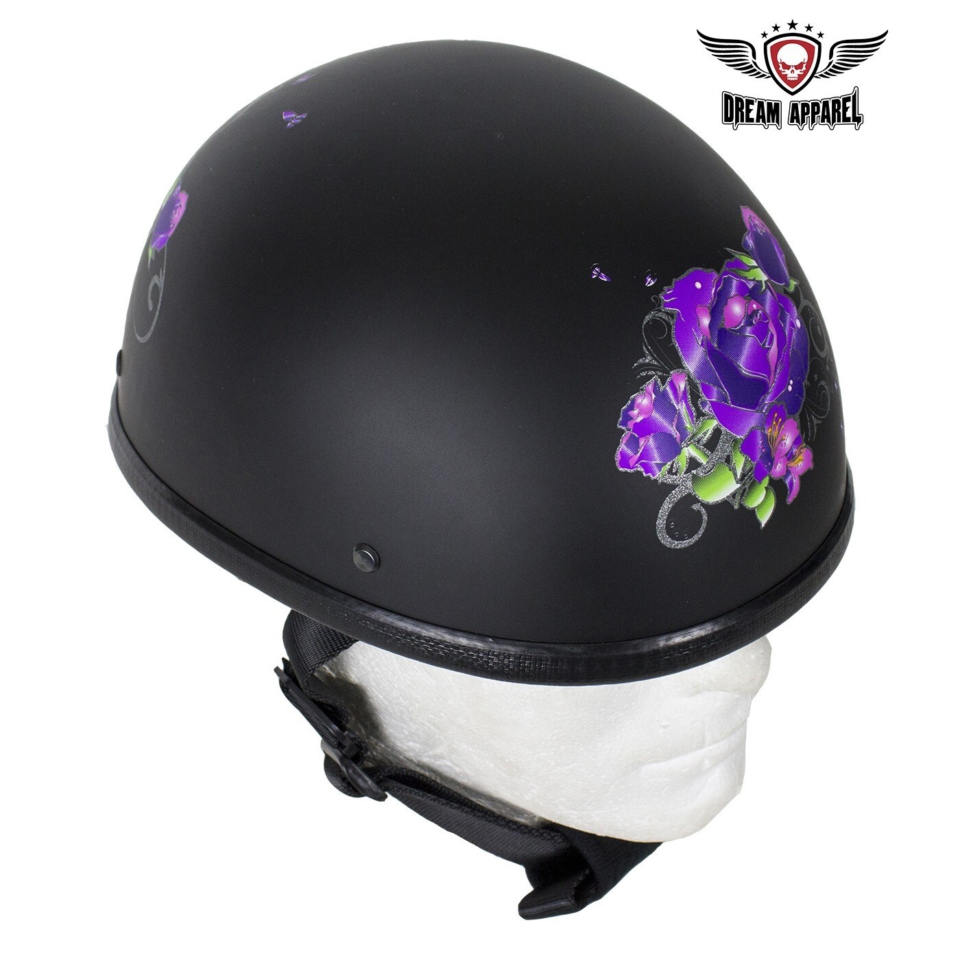 Womens Flat Black Novelty Motorcycle Helmet With Purple Rose Design Size S