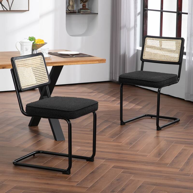 Set of 2 Aziel Black Boucle Dining Chair with Rattan Backrest and Black Iron Legs