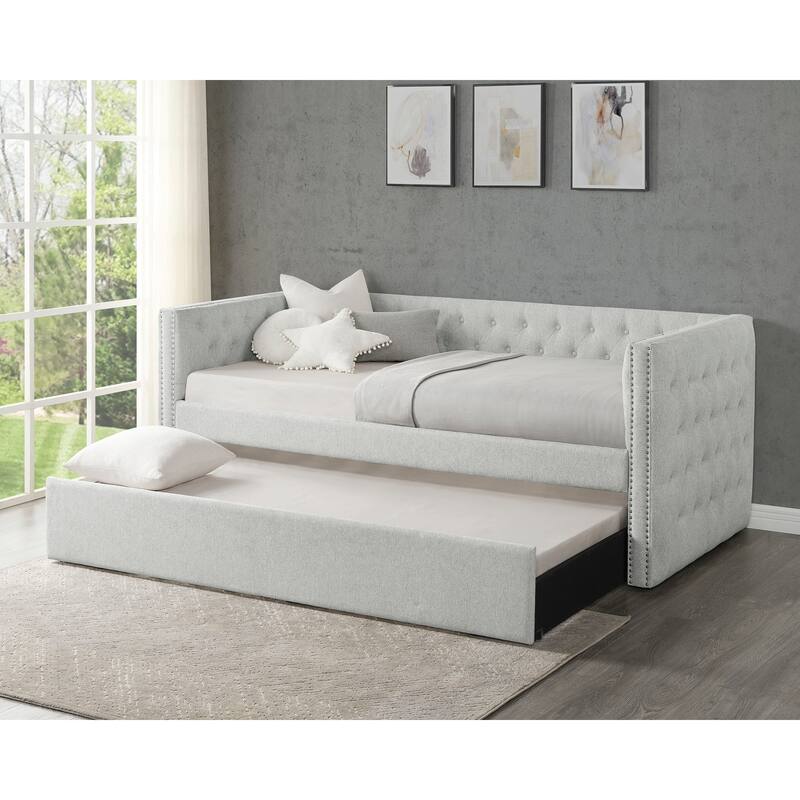 Luxurious 1pc Modern Daybed Button Tufted Nailhead Trim Bedroom Living Room Furniture Dove Gray Finish
