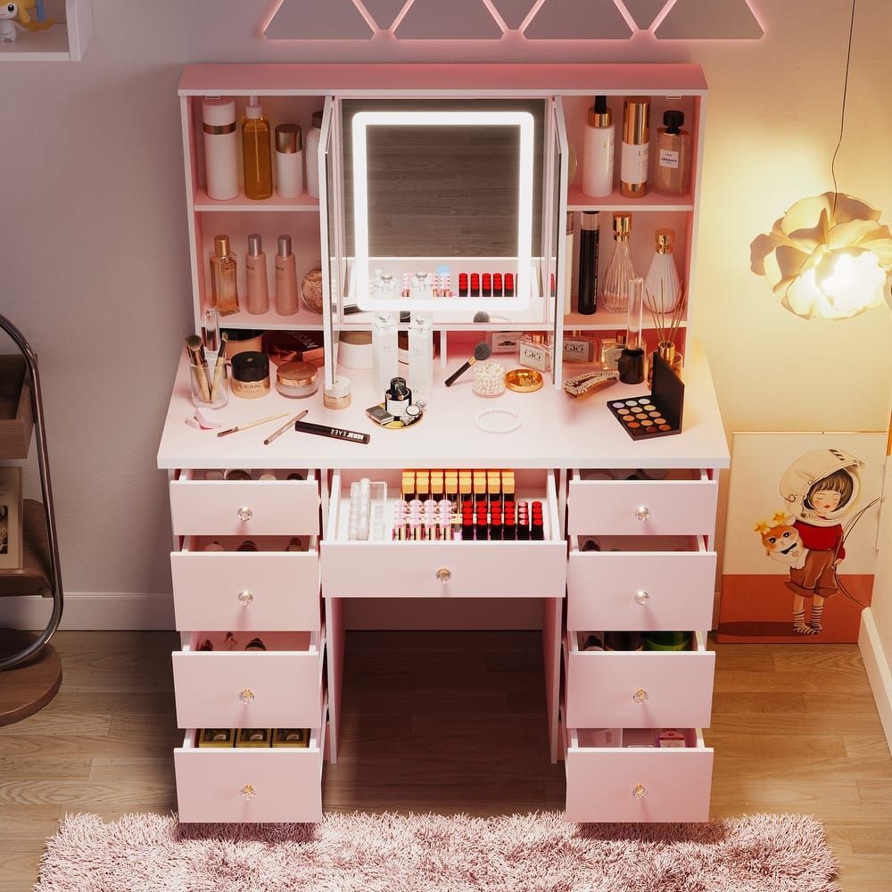 9-Drawer Vanity Set with Crystal Pulls and Versatile Mirror Lighting