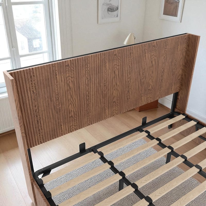 King Lift-Top Storage Platform Bed, Hydraulic Gas Lift, Grooved Headboard Shelves, Rustic Walnut, No Box Spring, Quiet