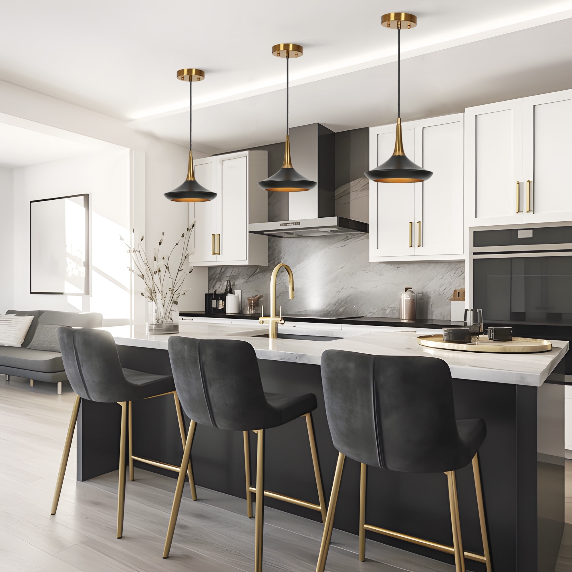 Conia Modern 1-Light Black Gold Cone Pendant Light for Kitchen Island - 9" D x 8.3" H