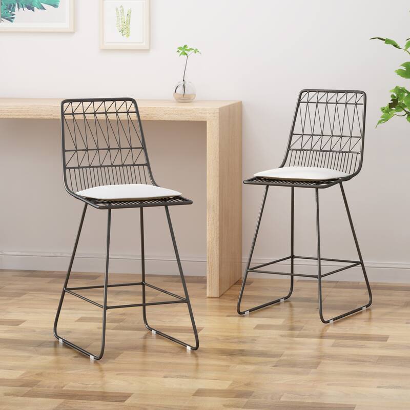 Roomfitters Modern Metal Wire Bar Stools with Cushions, Set of 2 Geometric Sled Base Counter Height Chairs, Grey+Ivory