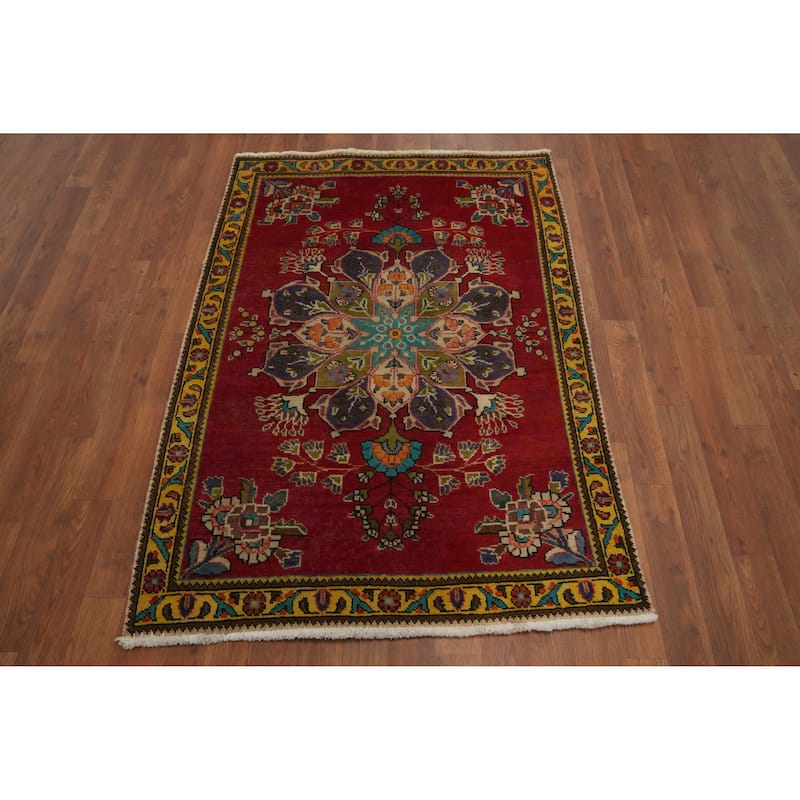 Hand Knotted Oriental 100% Wool Carpet Traditional Floral Red Tabriz Area Rug - 4' 8'' X 3' 2''