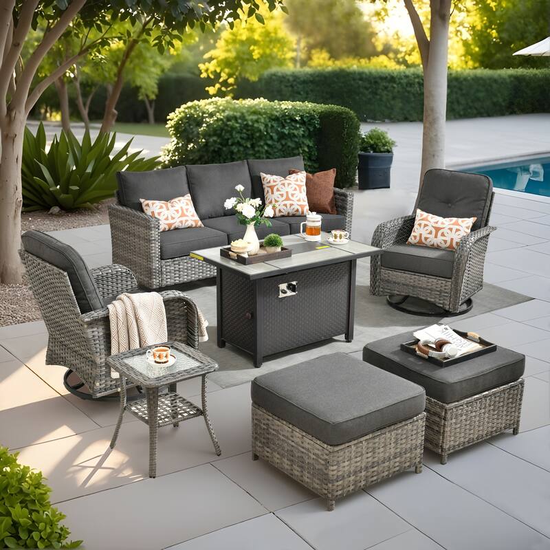 OVIOS 7-piece Patio Wicker Swivel Rocking Chair Set With Fire Pit - Black