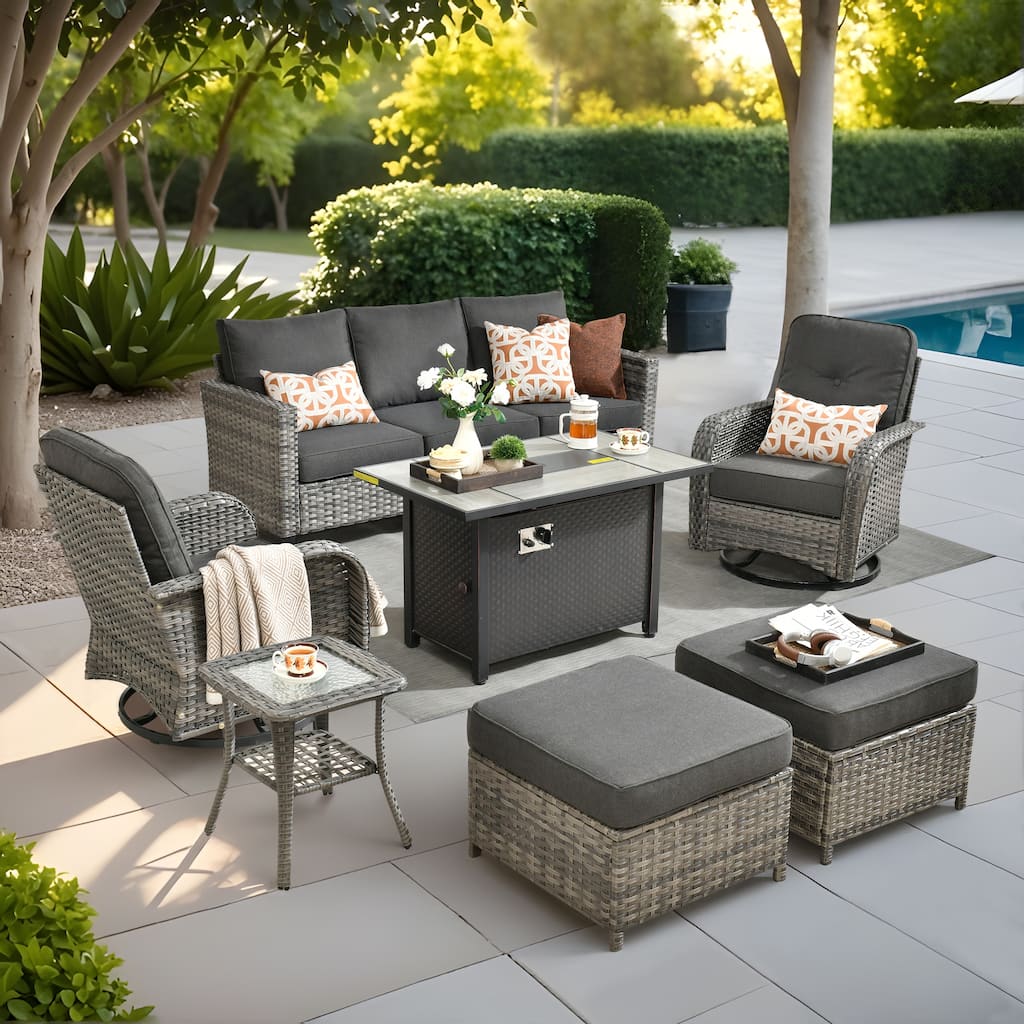 OVIOS 7-piece Patio Wicker Swivel Rocking Chair Set With Fire Pit