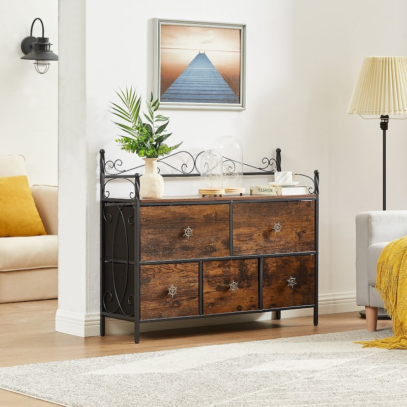 4-Pieces Bedroom Set with Drawer and Nightstands Set of 2, 5-Drawer Dresser, Brown/Grey Set