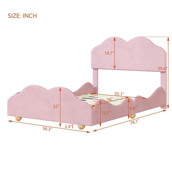 Light Pink Full Size Velvet Upholstered Platform Bed, Cloud Shape Headboard,Footboard, Side board