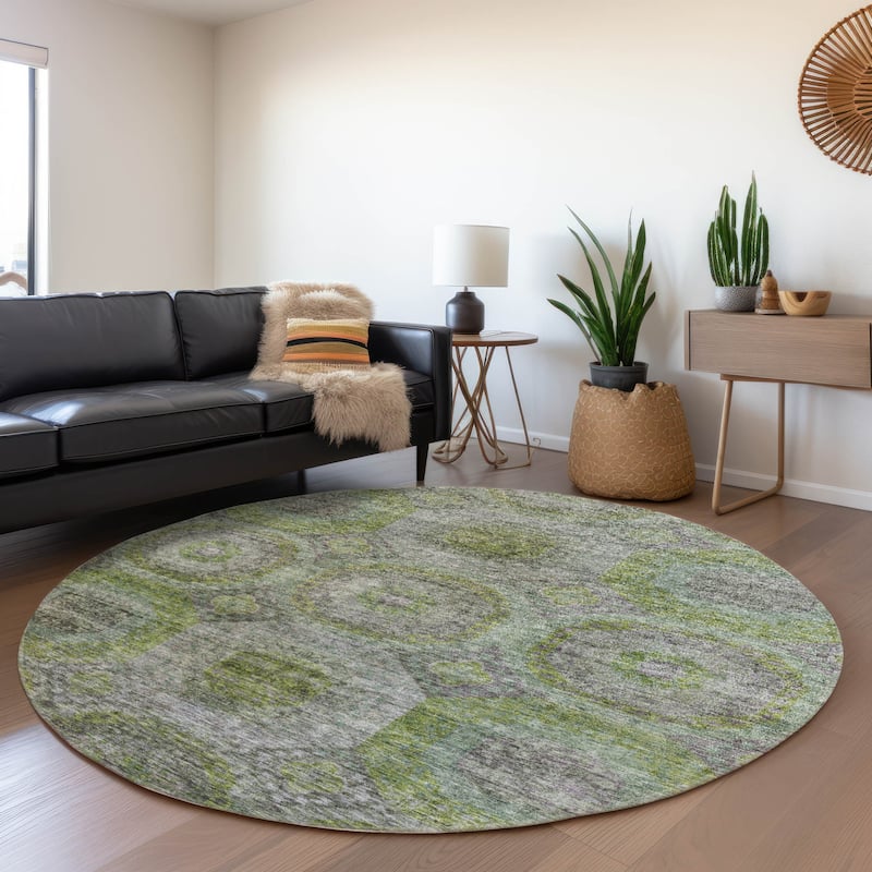 Machine Washable Indoor/ Outdoor Vintage Traditional Chantille Rug - Olive - 8' x 8'