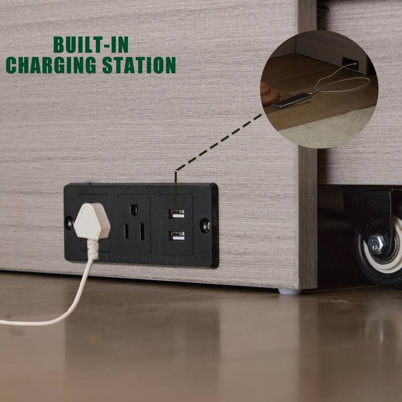 Queen Cabinet Bed with Storage, Folding Mattress, USB Ports, Space-Saving Design, Gray