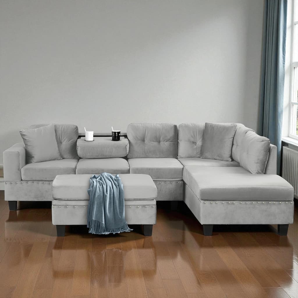 105" Modern L-Shaped Sectional Sofa with Storage Ottoman, Reversible Chaise, Velvet Upholstery and Cup Holders for Living Room