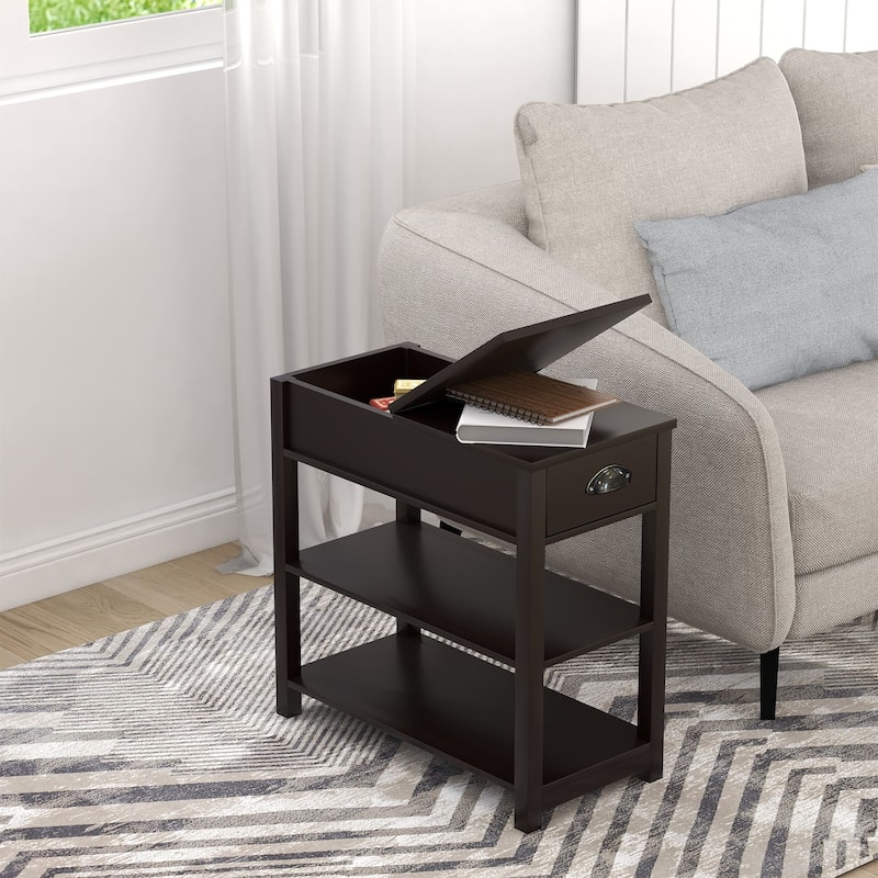 Narrow Flip Top Side Table with Drawer End Table with 2-Tiers Open Storage Shelves Sofa Table for Living Room,Bedroom - Brown