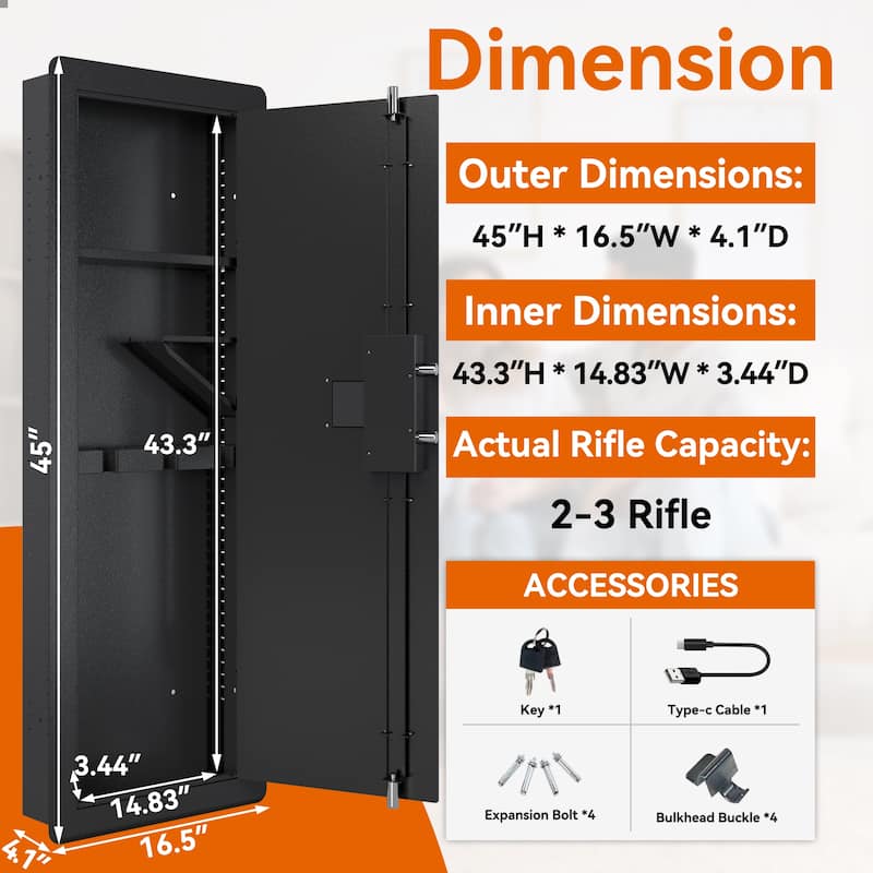 Roomfitters Wall Gun Safe: Quick-Access Rifle Safe with Removable Shelf and Digital Keypad (Black and Silver)