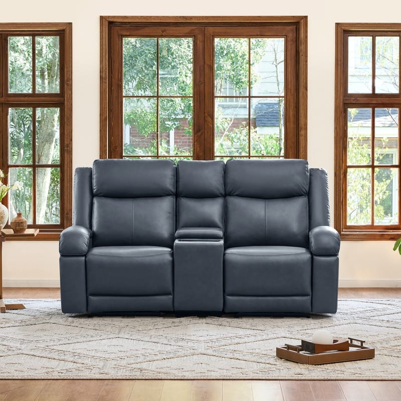 Spruce & Spring Hadlee Genuine leather Reclining Sofa with Multi-Function Console. - 2PC+Console - Navy