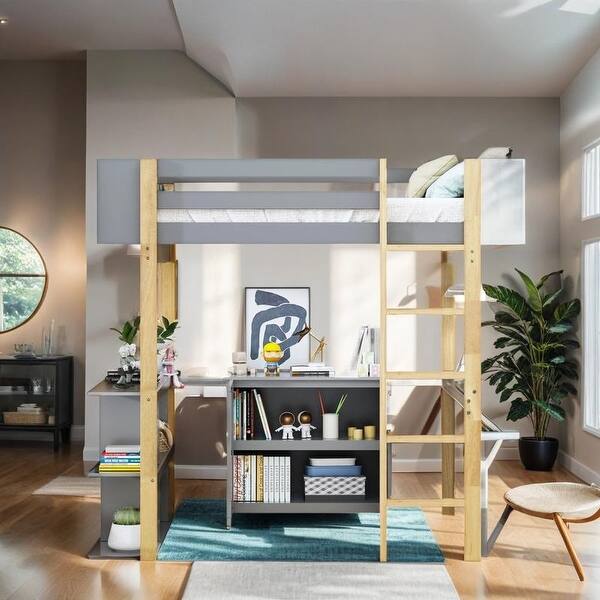 slide 2 of 19, Stylish & Simple Full Size Wood Loft Bed With Built-in Storage Cabinet and Cubes, Foldable desk, Sturdy Construction, Grey Grey