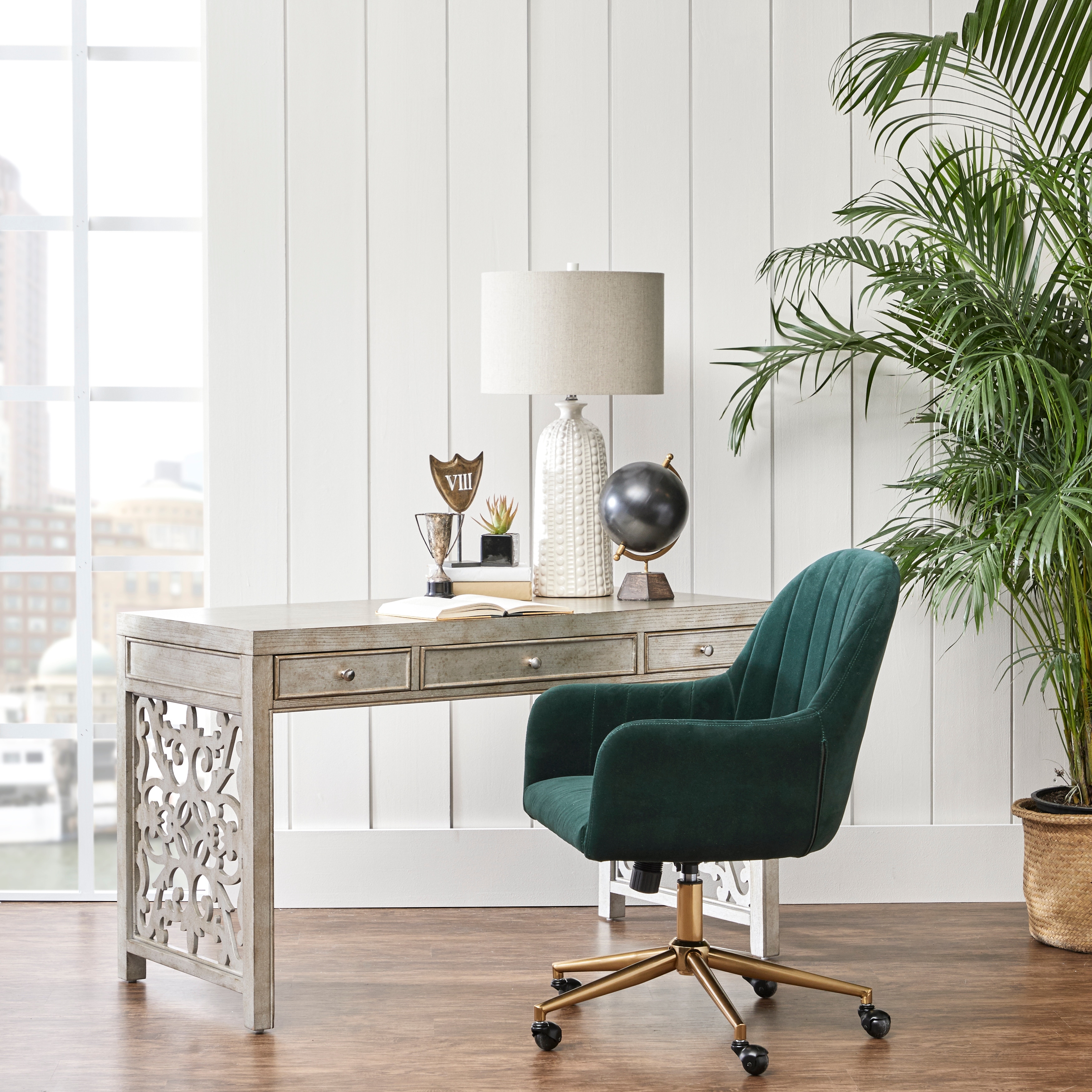 Green Velvet Channel Tufted Home Office Chair with Bronze Base