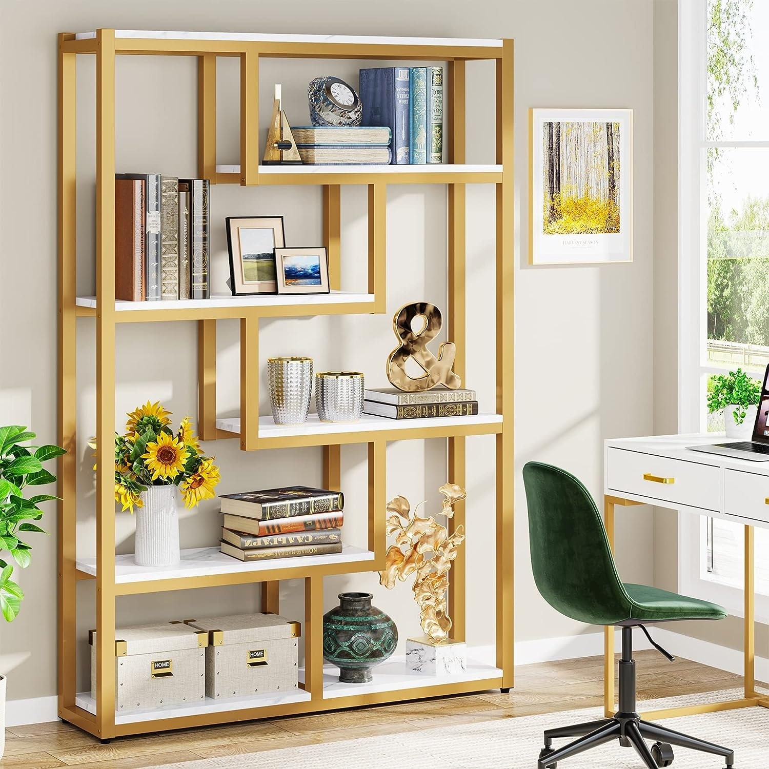 6-Tier Etagere Bookcase, Modern Industrial Staggered Bookshelf