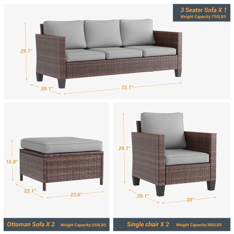 LIVOOSUN 5Pcs Patio Furniture Set Grey Rattan Coversation Seating Set