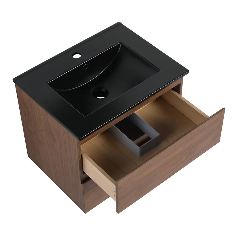 Modern 24" Floating Bathroom Vanity with Black Ceramic Basin, Soft-Close Drawers, Water-Resistant Melamine Surface