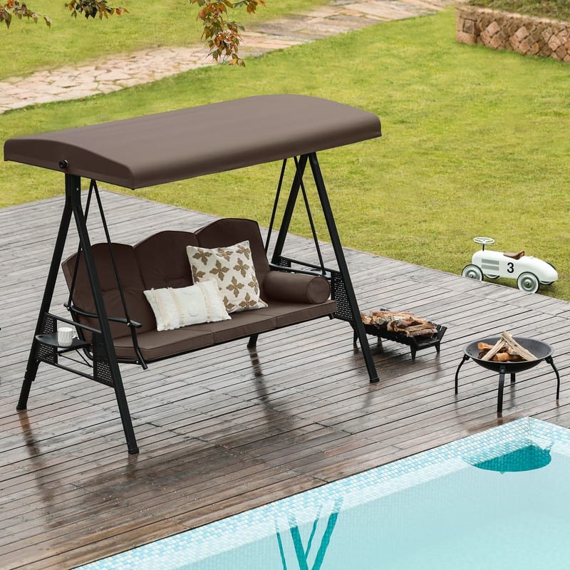 3-Person Metal Patio Swing with Canopy and Cushions - Brown