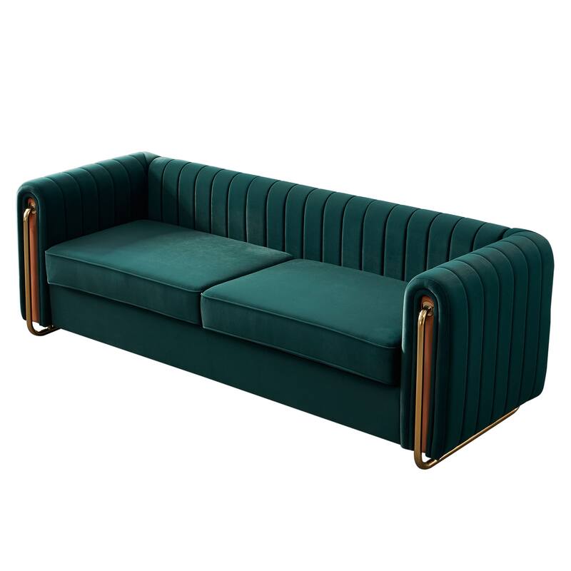 Modern Velvet Sofa with Channel Tufting & Gold Steel Legs - 3 Seater Couch