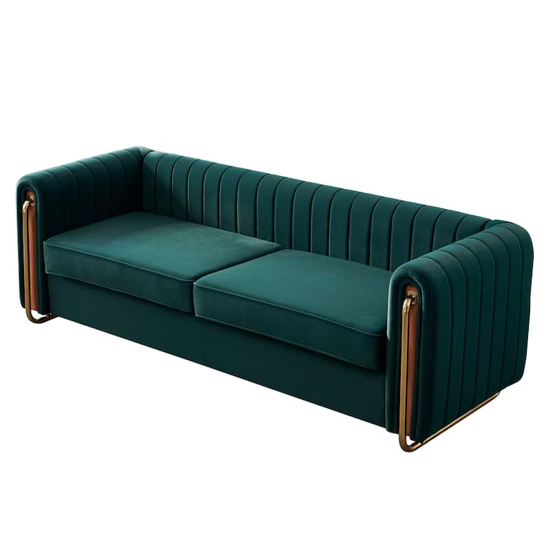 Velvet Sofa Couch 84.25" with Channel Tufting and Polished Gold Legs, Modern Living Room Style