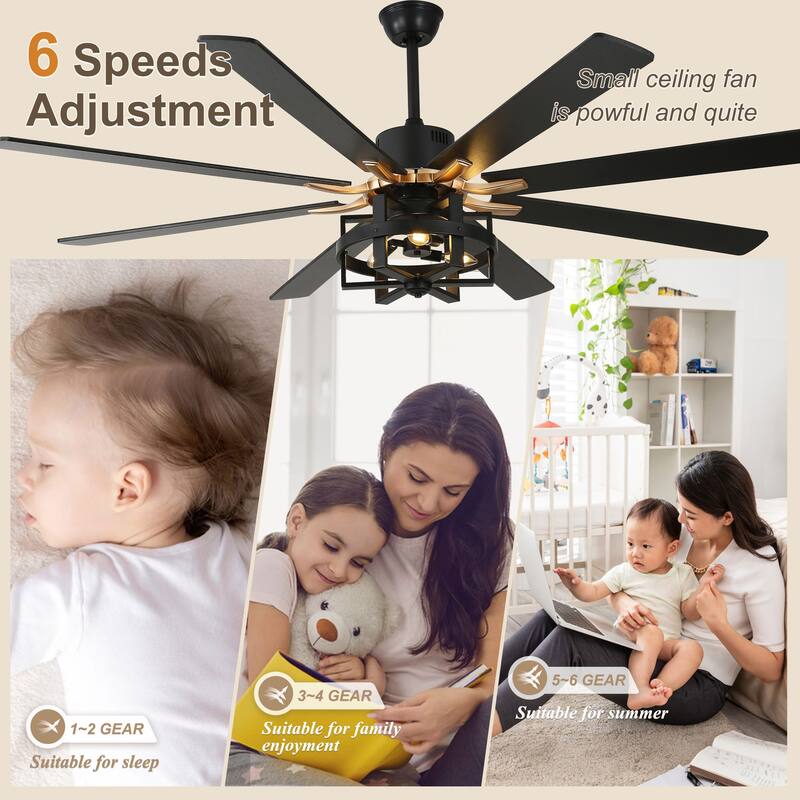 Bella Depot 65" Industrial Large Ceiling Fan 6-Speed 8-blades Reversible Fan with Light and Remote