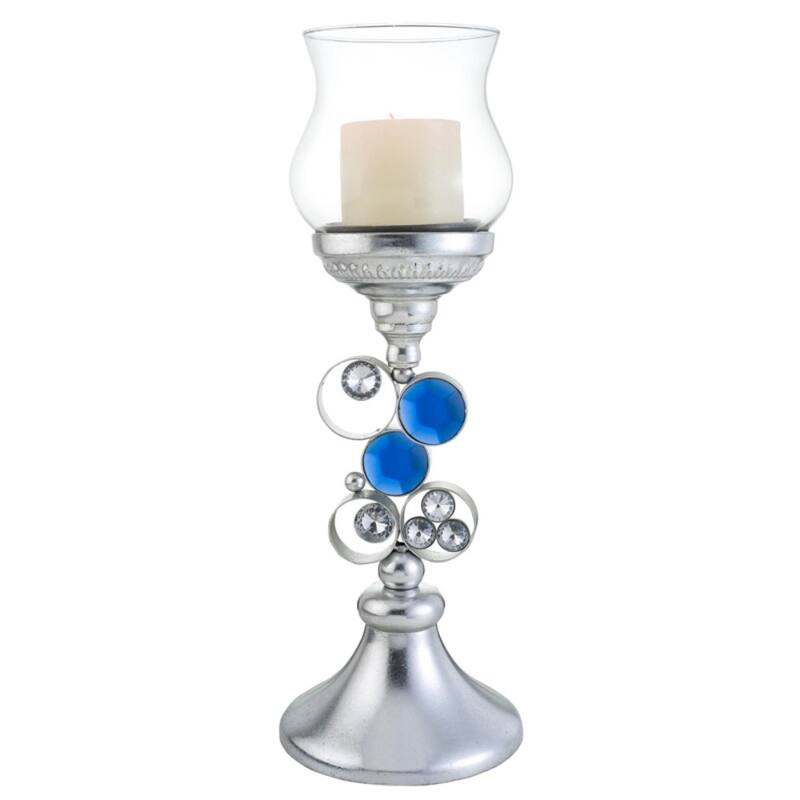 HomeRoots 18" Silver and Blue Faux Crystal Bling Hurricane Candle Holder - 8
