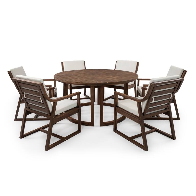 Round Patio Dining Table Set for 6 with Umbrella Hole Durable Acacia Wood Outdoor Furniture