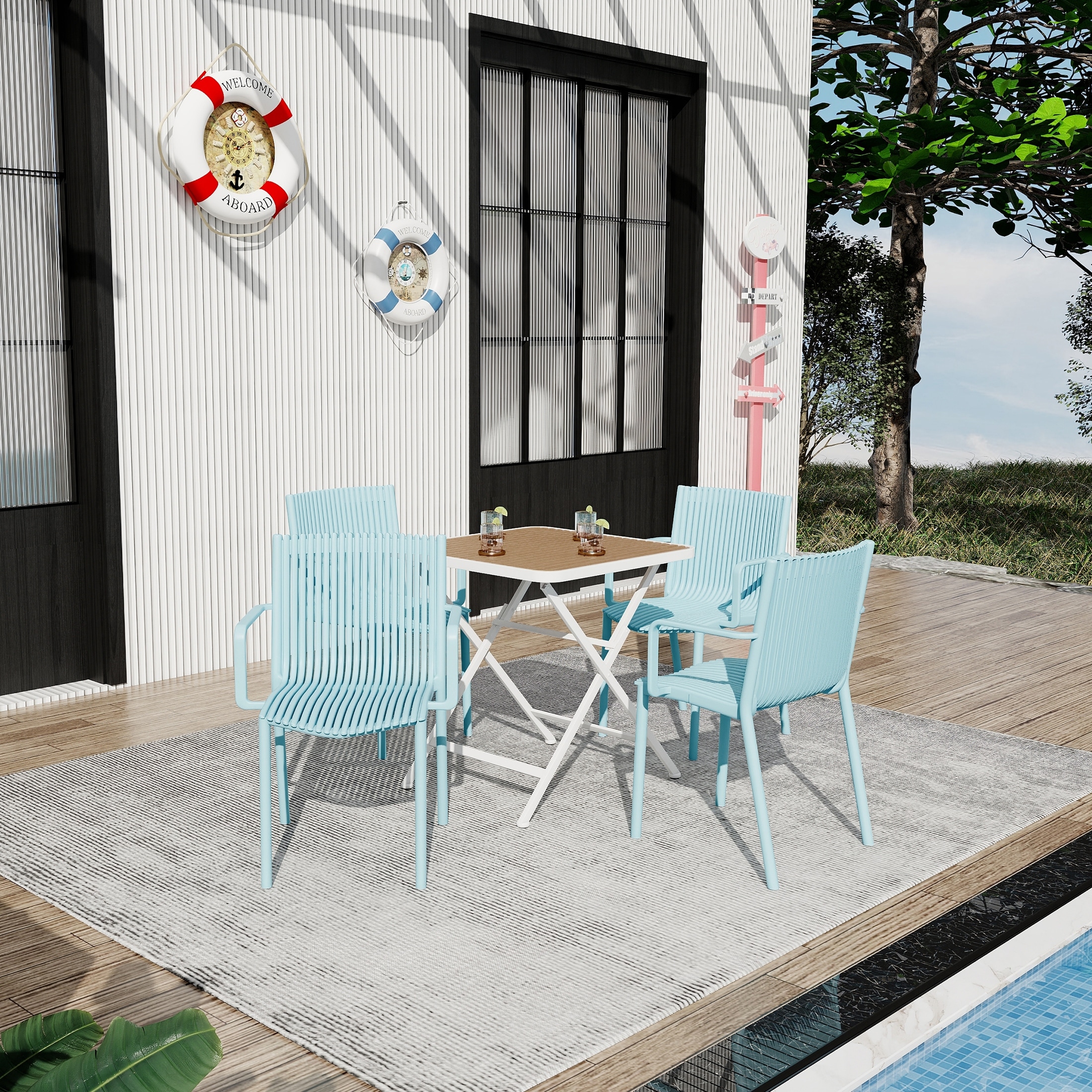 4pcs Light Stackable PP Armchair with Modern folding indoor/outdoor multi-functional Square Table metal legs