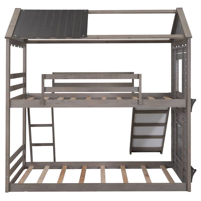 Twin Over Twin Bunk Bed with Roof, Window, Slide, Ladder Bed Bath