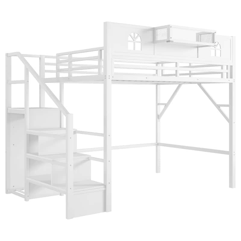 White High Loft Bed Frame with Storage Stairs and Wardrobe, Loft Metal Frame Bed with High House Shaped Guardrails for Kid Teens