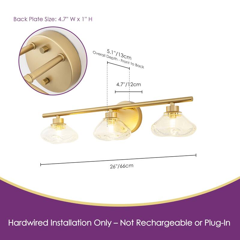 3-Light 24.4" Modern Black/Gold Bathroom Vanity Light with Stone-Shaped Seed Glass Shades