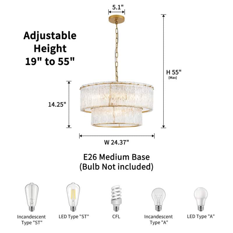 KAWOTI 2-Tiered Modern Glam Chandelier with Texcture Glass