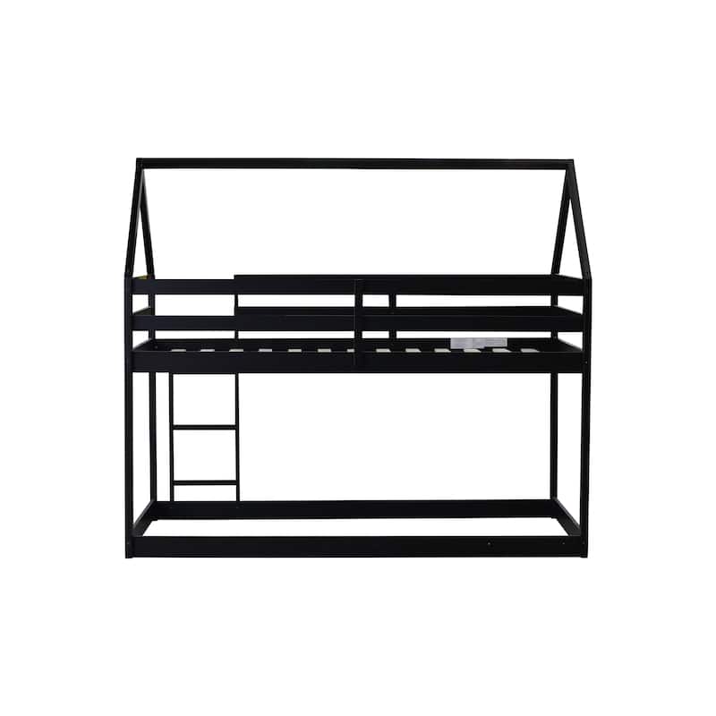 Twin over Twin Rubber Wood Floor Bunk Bed, with ladder,Guardrails,House-Shaped-Bunk Bed