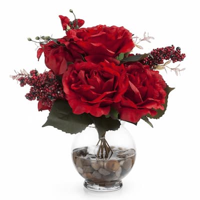 Enova Home Mixed Artificial Silk Roses Fake Flowers Arrangement in Glass Vase with Faux Water and River Stone for Home Decor