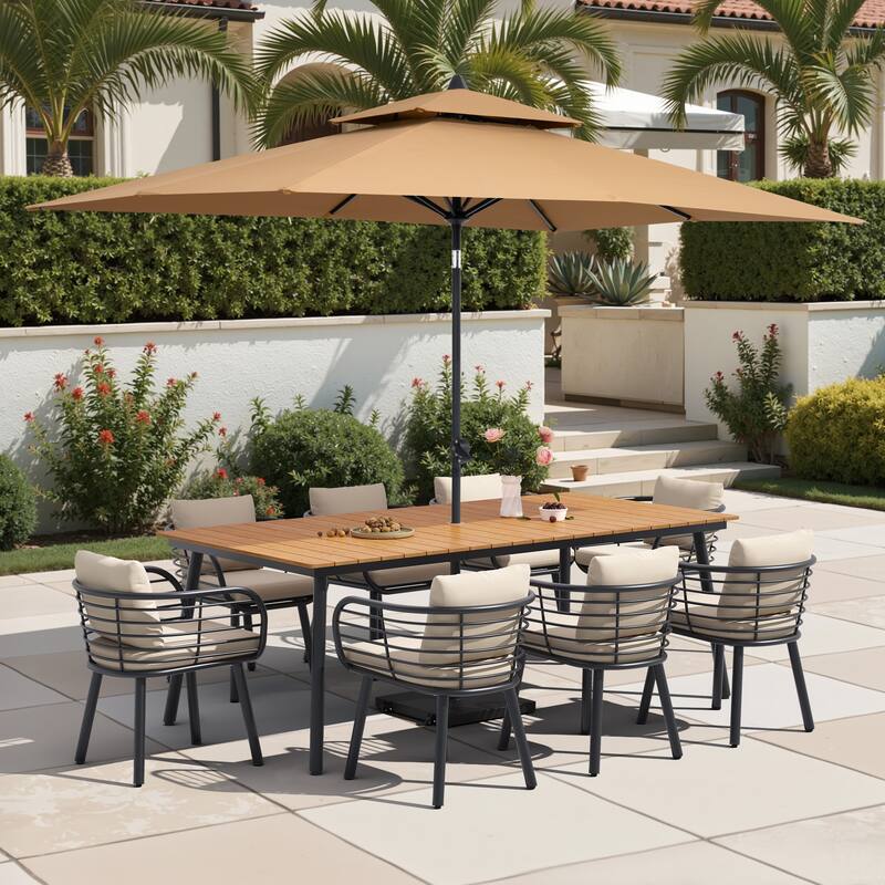 11-Piece Outdoor Patio Dining Set with Sunbrella Cushion Aluminum Dining Table and Chairs w/10 ft Umbrella and Base with Wheels - Brown Table with Tan Umbrella
