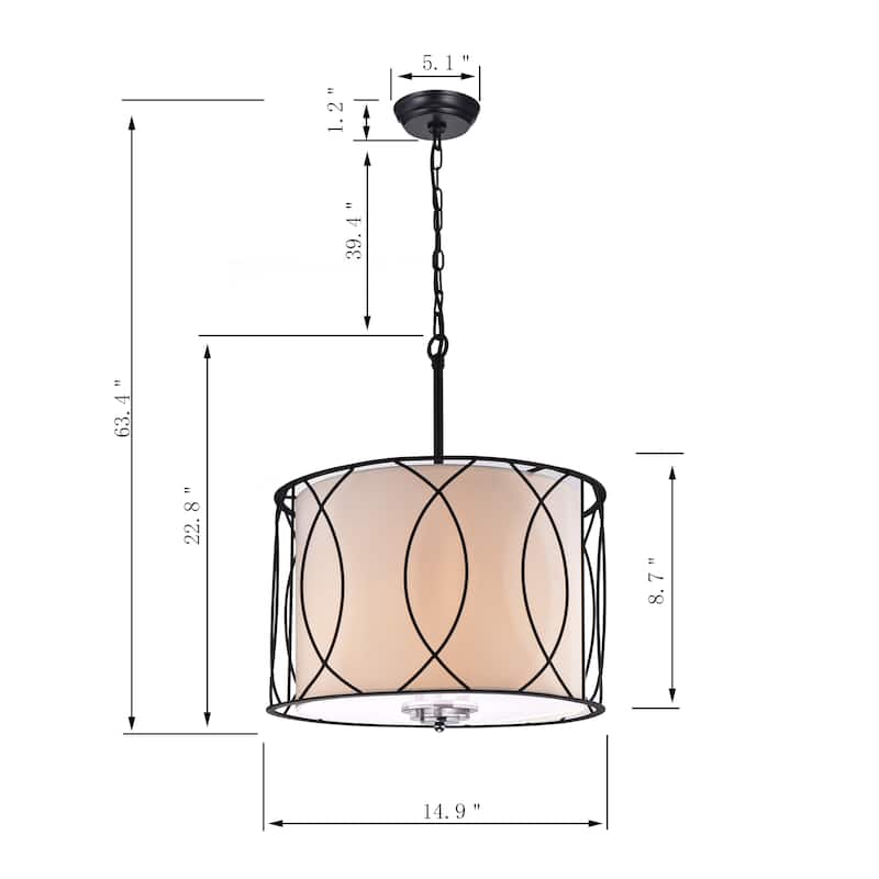 Arke Black Metal and Fabric 3-light Drum Pendant