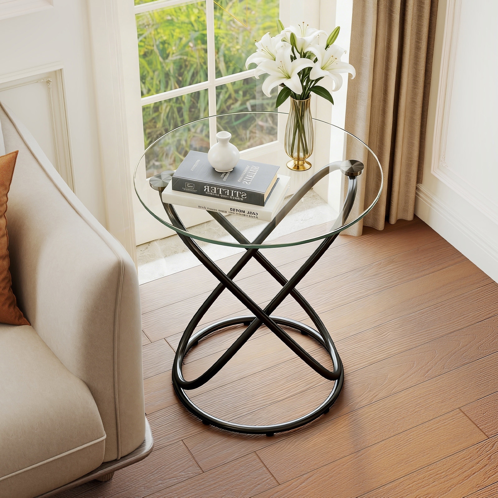 Tempered Glass Round Side/ End Table with Metal Legs - 19.7"Dia Top x 21.7"H x 15.6"Dia Base