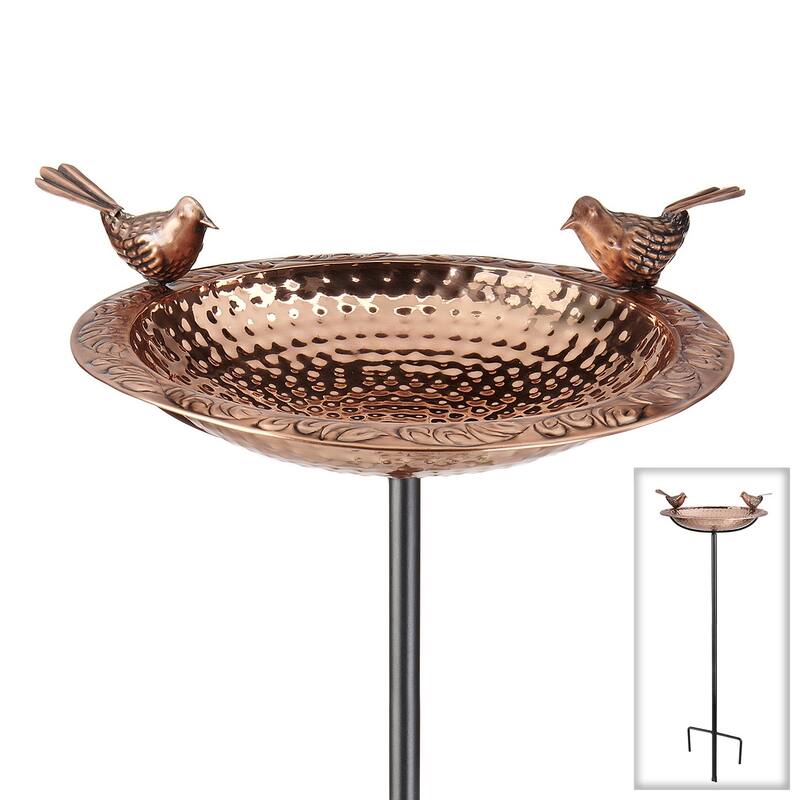 Pure Copper Bird Bath, Featuring Two Copper Birds, and a Multipronged Garden Pole By Good Directions