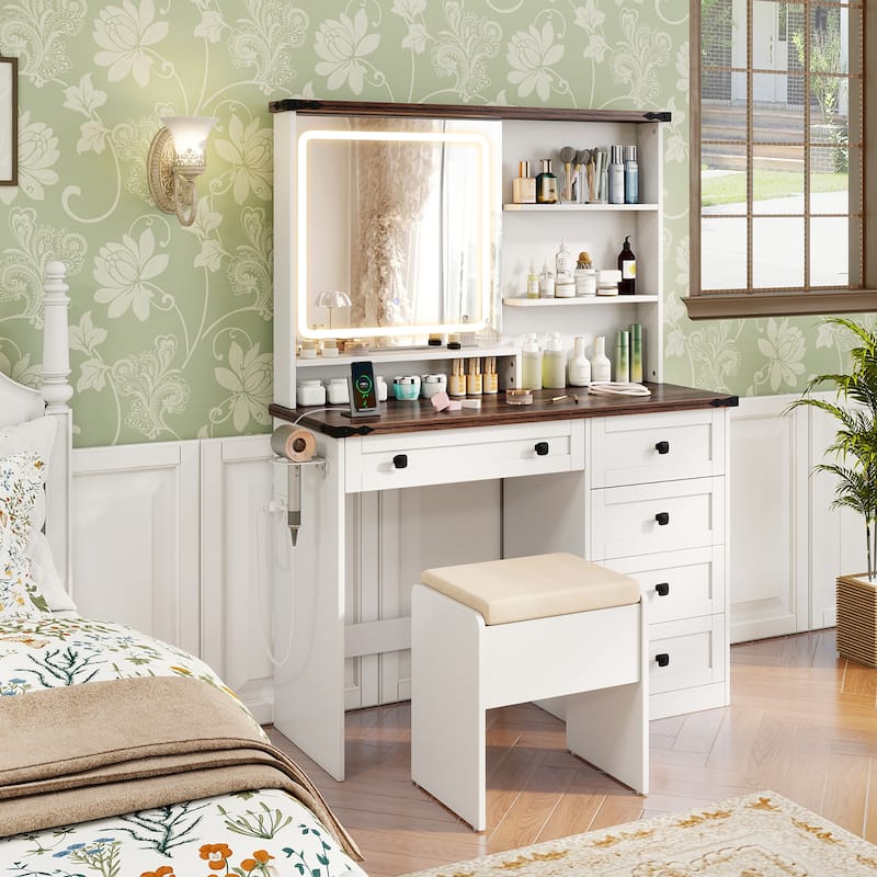 Gymax Farmhouse Vanity Set w/ Mirror and Lights Dressing Table & Chair
